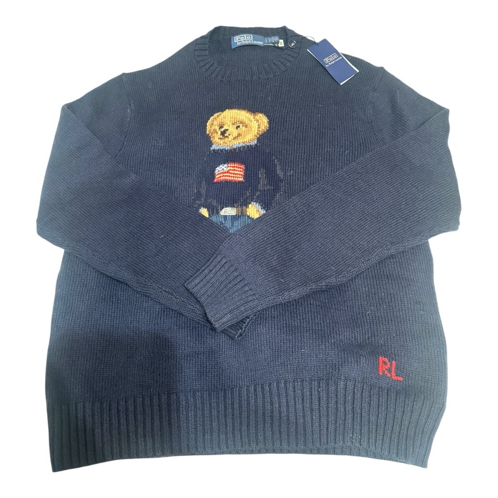 NWT Polo Ralph Lauren Bear Sweater Navy Flag Knit Large MSRP $398